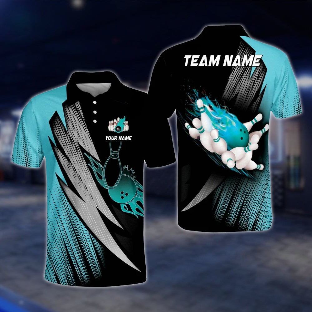 Custom Flaming Purple Black Men's Bowling Polo Shirt, Custom Flame Bowling Shirts For Team BO0376 BOW0233