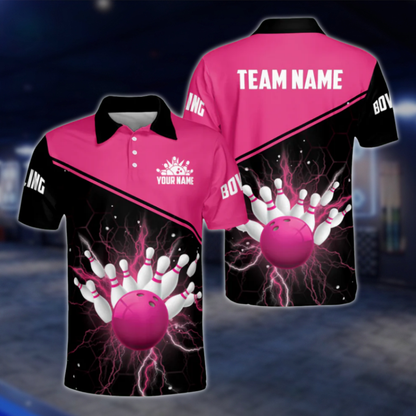 Custom Black Red Thunder Polo Bowling Team Shirts Men, Custom Bowling Shirts Team BM0300 BOW0469
