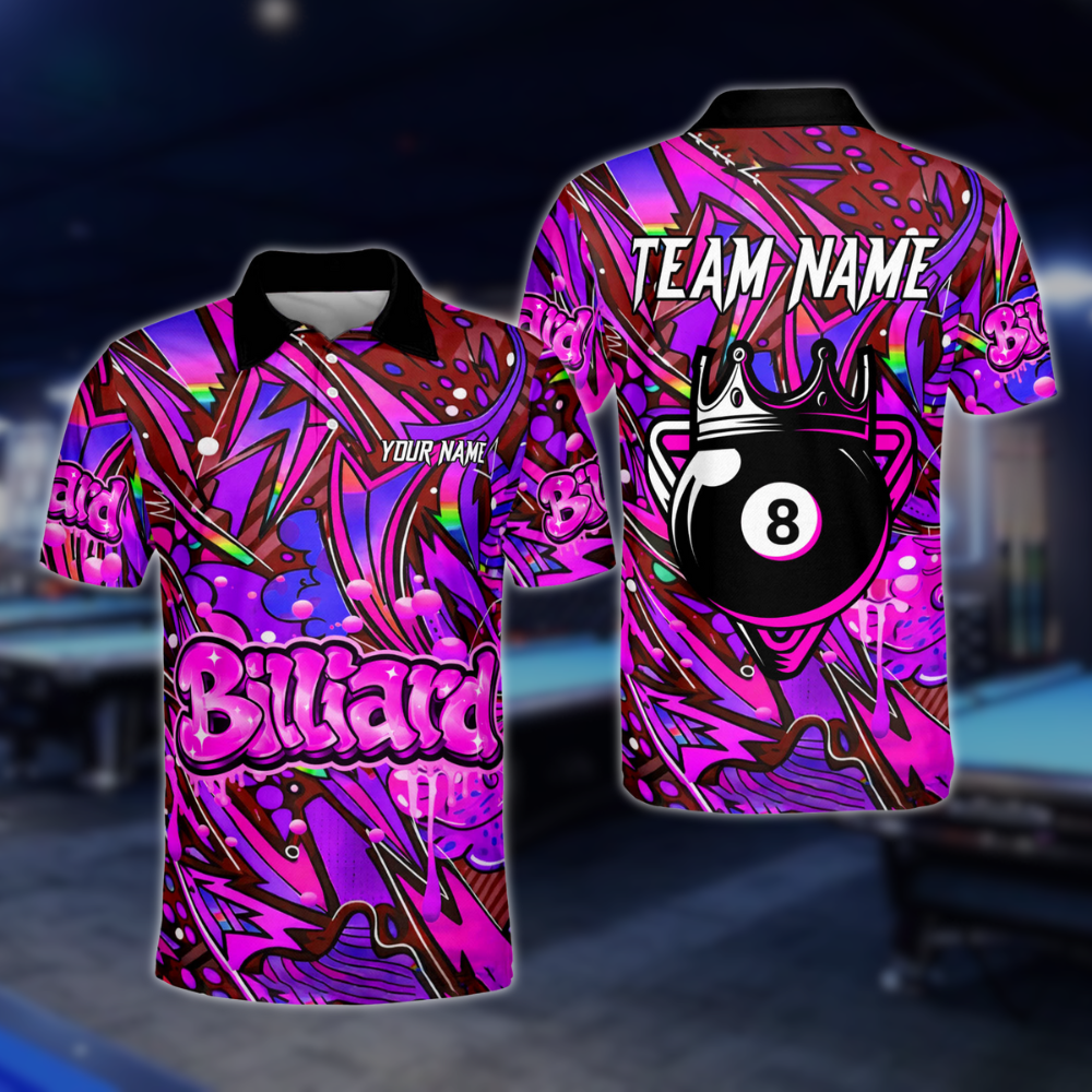 Custom Team Graffiti 8 Ball Polo Shirt Mens, Custom 8 Ball Billiard Team Shirts BLD0119