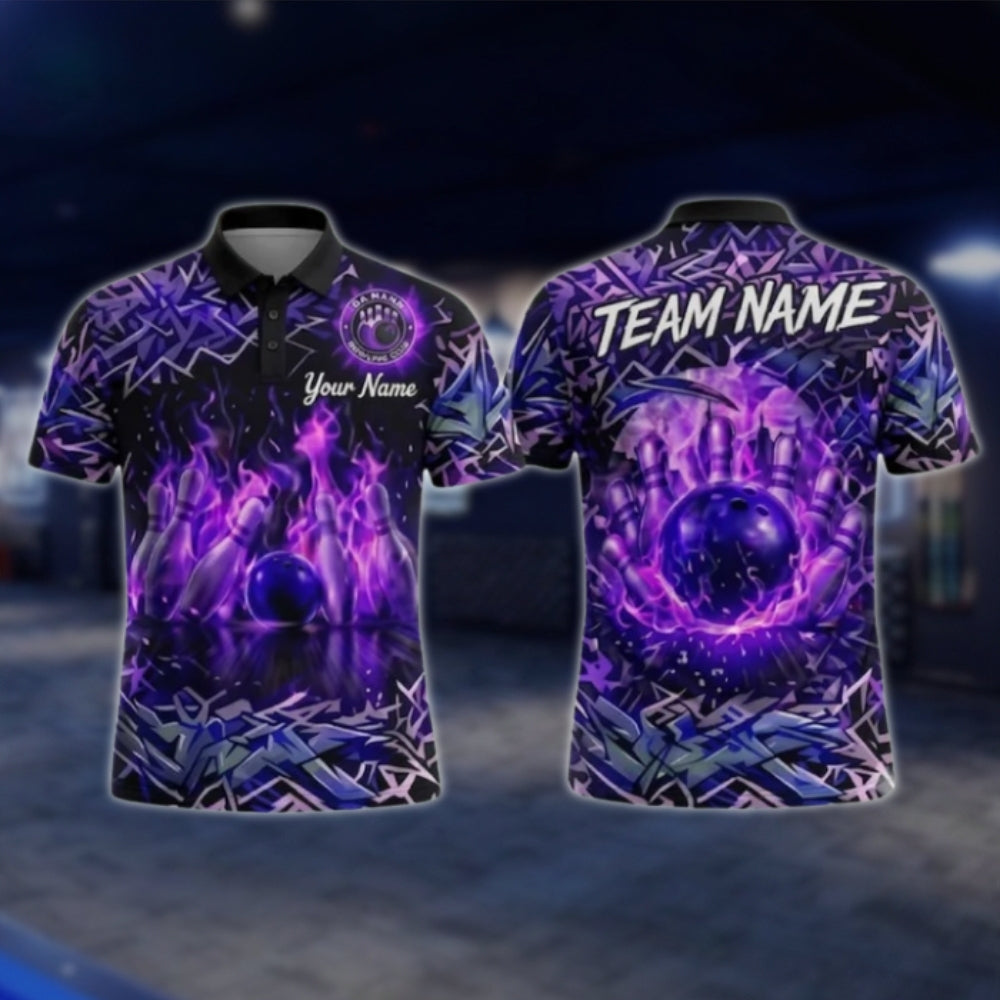 Custom Flame Graffiti Bowling Mens Polo Shirt, Custom Flame Bowling Team Shirts BZ0352 BOW0383