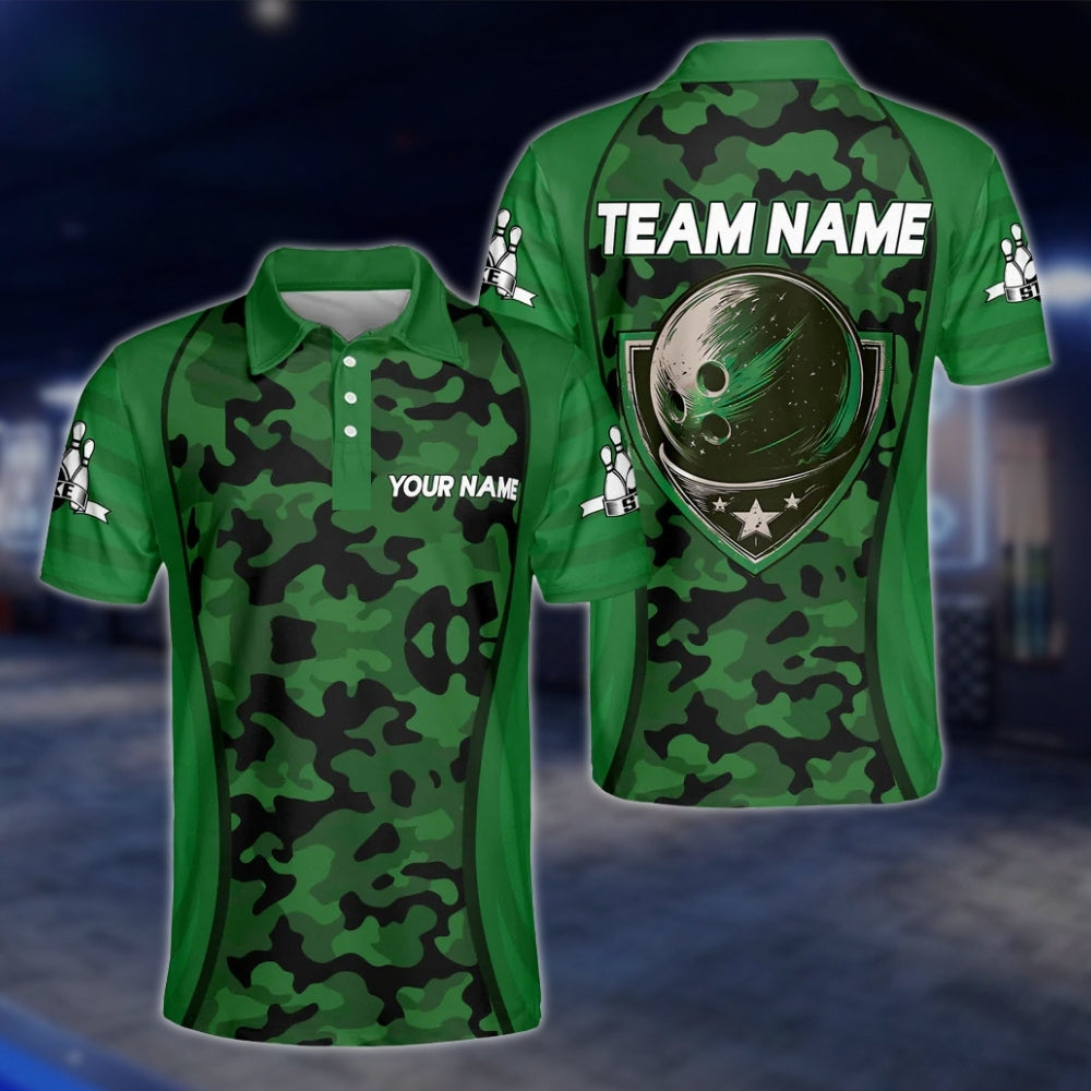 Custom Camo Purple Black Bowling Polo Shirt, Custom Camo Bowling Team Shirts BM0309 BOW0203