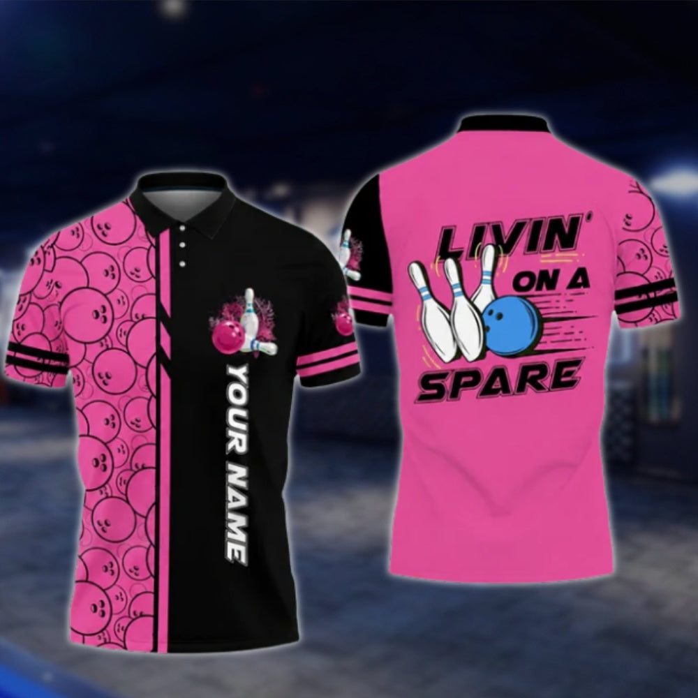 Livin' On A Spare Custom Blue Black Mens Bowling Polo Shirt, Custom Funny Bowling Shirts BO0422 BOW0253