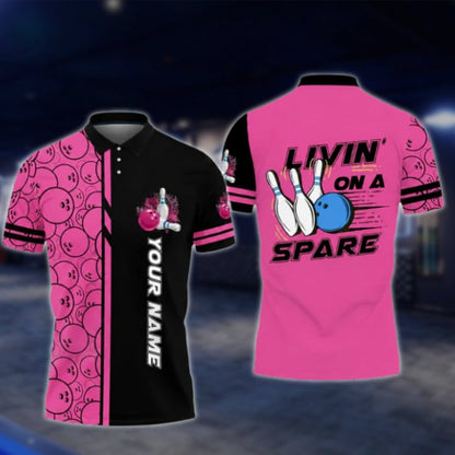 Livin' On A Spare Custom Blue Black Mens Bowling Polo Shirt, Custom Funny Bowling Shirts BO0422 BOW0253