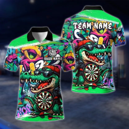 Crocodile Graffiti Custom Mens Dart Polo Shirt, Custom Crocodile Dart Team Shirts DAT0393
