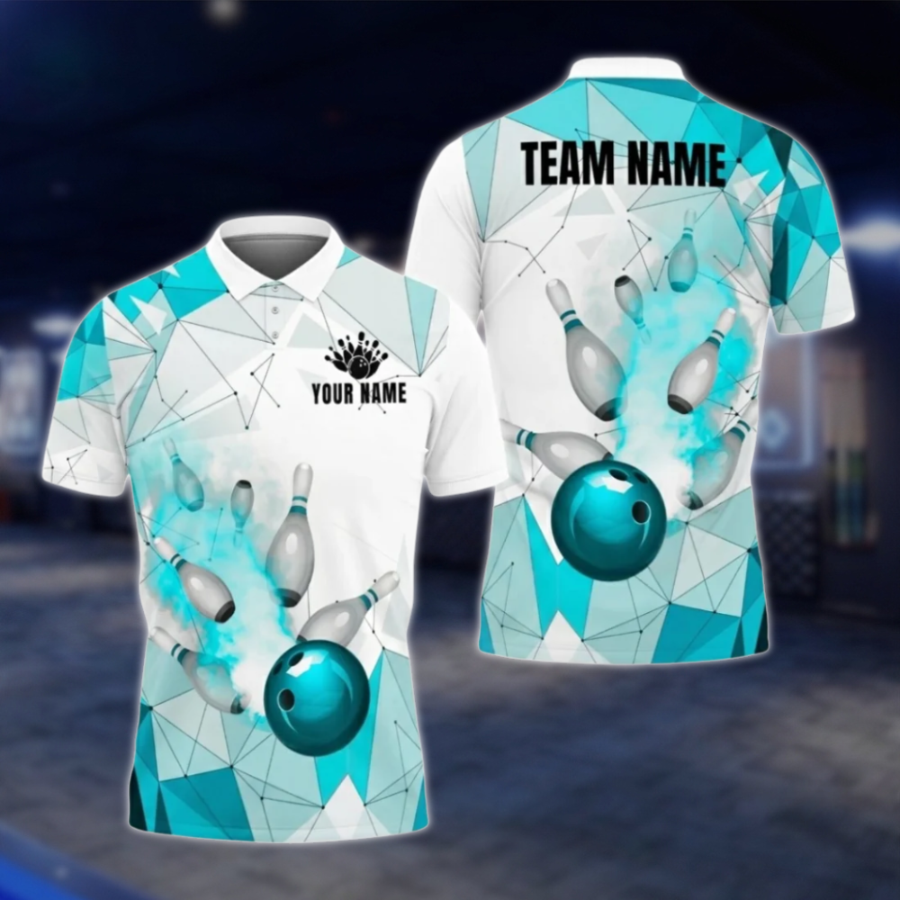 Personalized Mens Blue White Bowling Polo Shirt, Custom Team Bowling Shirt BZ0806 BOW0100