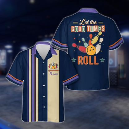 Let The Good Times Roll Personalized Retro Bowling Hawaiian Shirt Men And Women, Custom Funny Bowling Shirt Cyan BE0216 BOW0111
