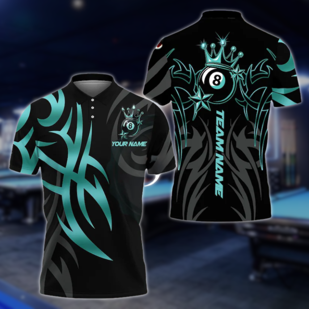 Custom King 8 Ball Black And Gold Billiard Polo Shirt Mens, Custom 8 Ball Pool Team Shirts BLD0126