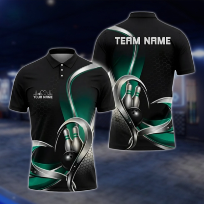 Personalized Team Silver Black Blue Bowling Polo Shirt, Custom Bowling Shirt For Men BZ0799 BOW0105