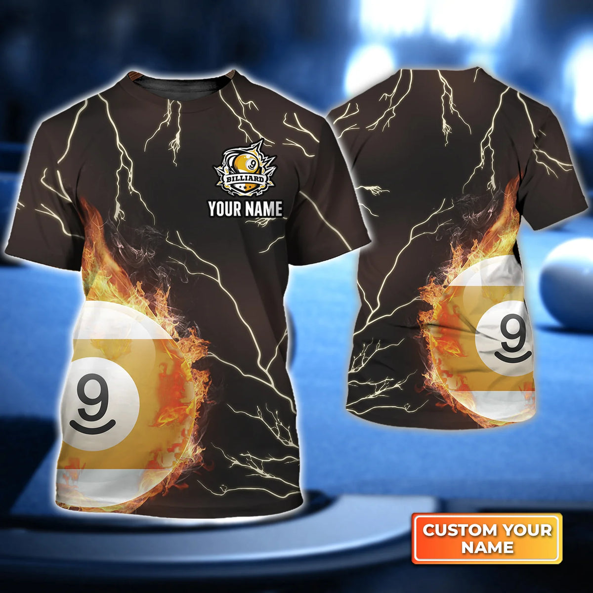 Billiard 9 Ball Fire Flame Club Custom Name 3D Short Sleeve T-Shirt Men's Board Shorts ORN0300