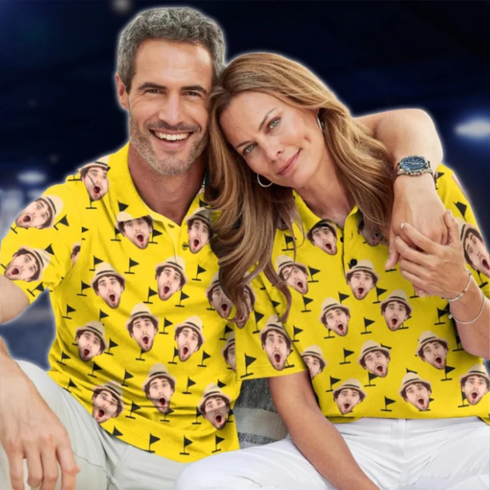 Custom Funny Face Matching Golf Shirts For Men And Women, Custom Photo Matching Couple Golf Shirts GOF0177