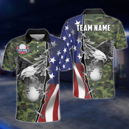 Personalized Eagle American Flag Men's Golf Polo Shirt, Custom Team Eagle Patriotic Golf Shirt GOF0123