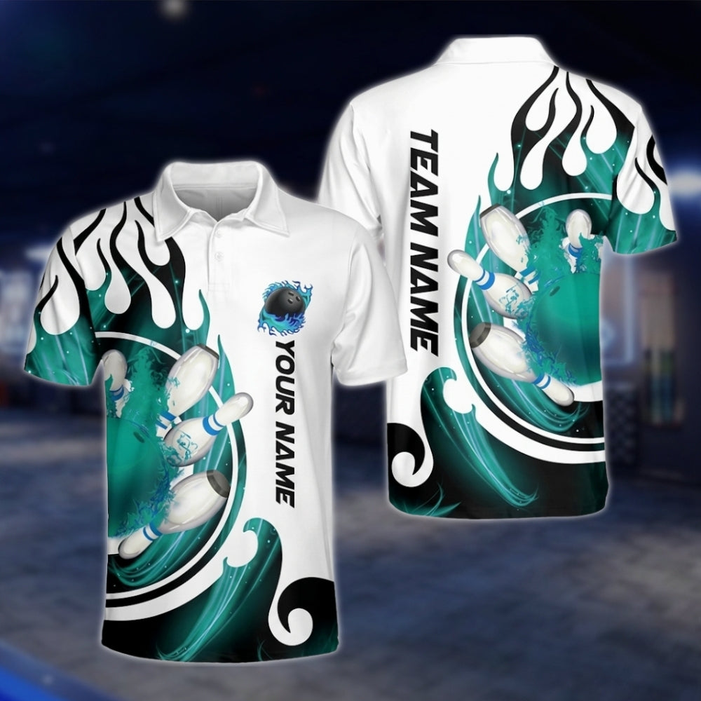 Flame Custom Blue And White Bowling Polo Shirt Mens, Custom Flame Bowling Team Shirts BZ0173 BOW0493