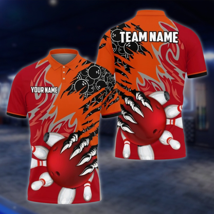 Personalized Team Orange Blue Grunge Bowling Polo Shirt, Custom Bowling Shirt For Men BZ0855 BOW0093