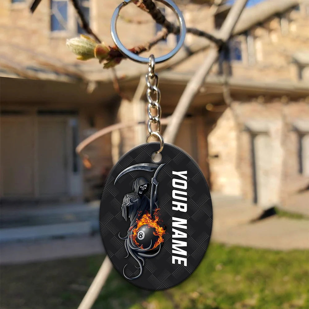 Grim Reaper Billiard Pool 8 Ball Hello Darkness My Old Friend Personalized Name Keychain Gift For Billiard Players ORN0210