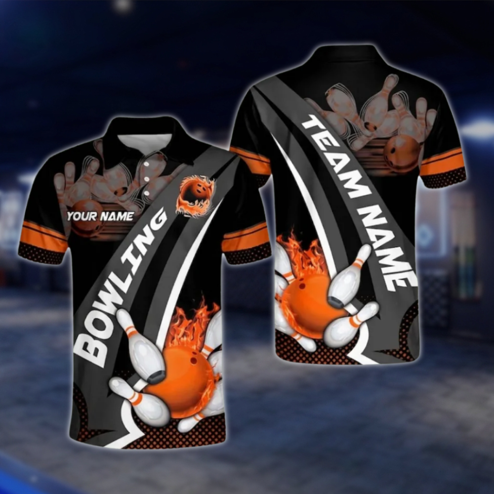 Custom Team Flame Ball Bowling Polo Shirt For Mens, Black And Red Custom Bowling Shirts BO0107 BOW0416