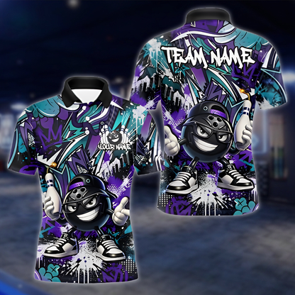 Funny Ball Personalized Graffiti Mens Bowling Polo Shirt, Custom Team Bowling Shirt BZ0914 BOW0012