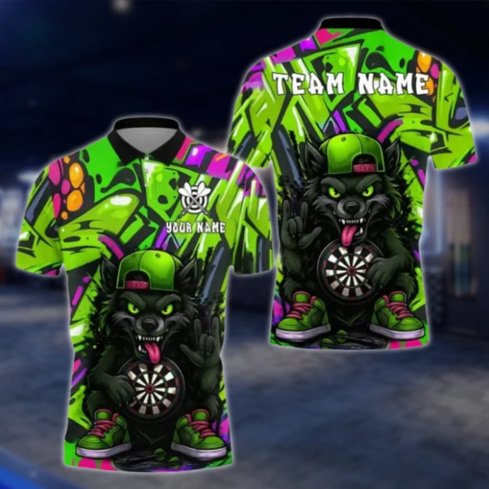 Funny Wolf Custom Graffiti Purple Men's Darts Polo Shirt, Custom Wolf Dart Team Shirts DAT0413