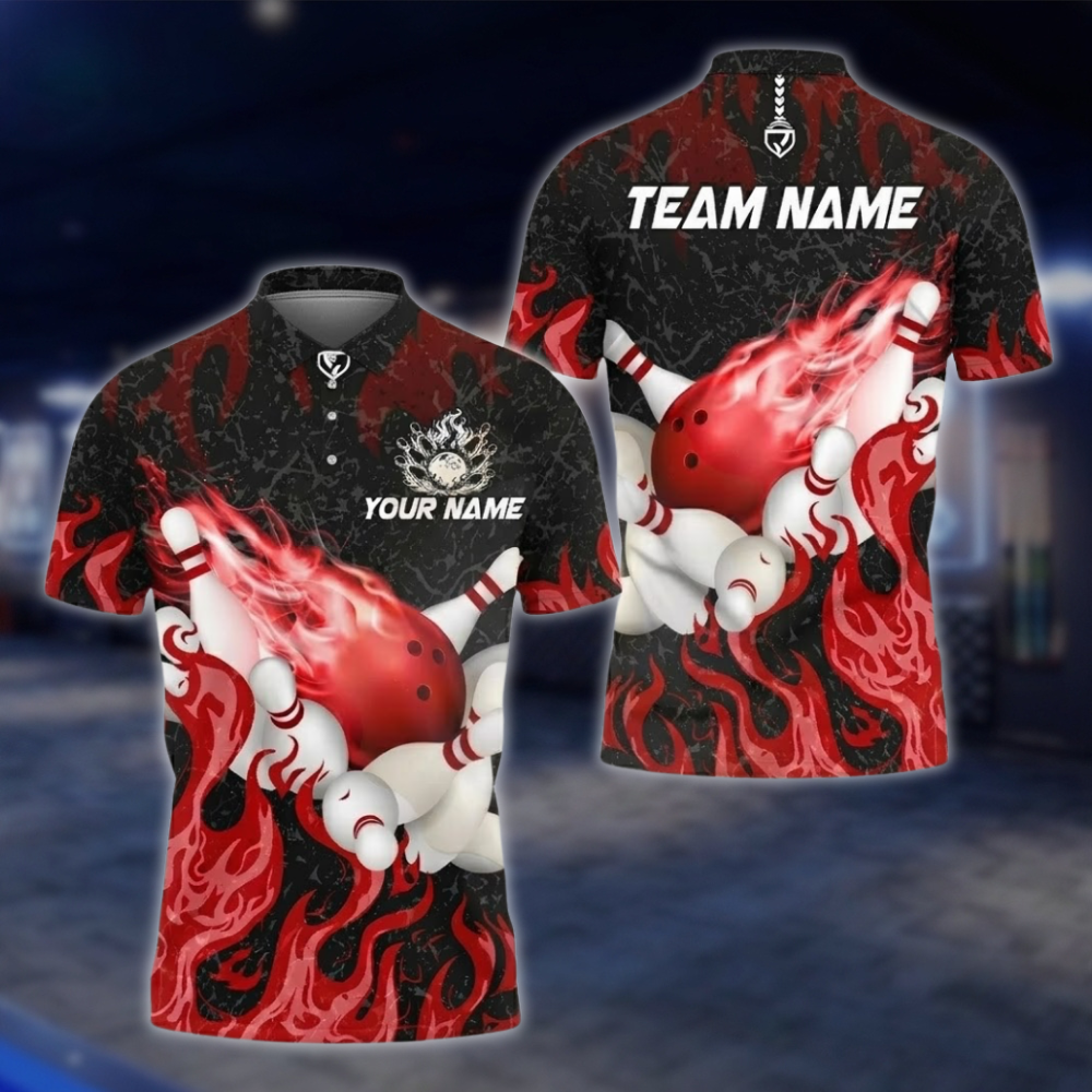 Personalized Flaming Cyan Bowling Polo Shirt, Custom Flame Team Bowling Shirts BZ0745 BOW0174