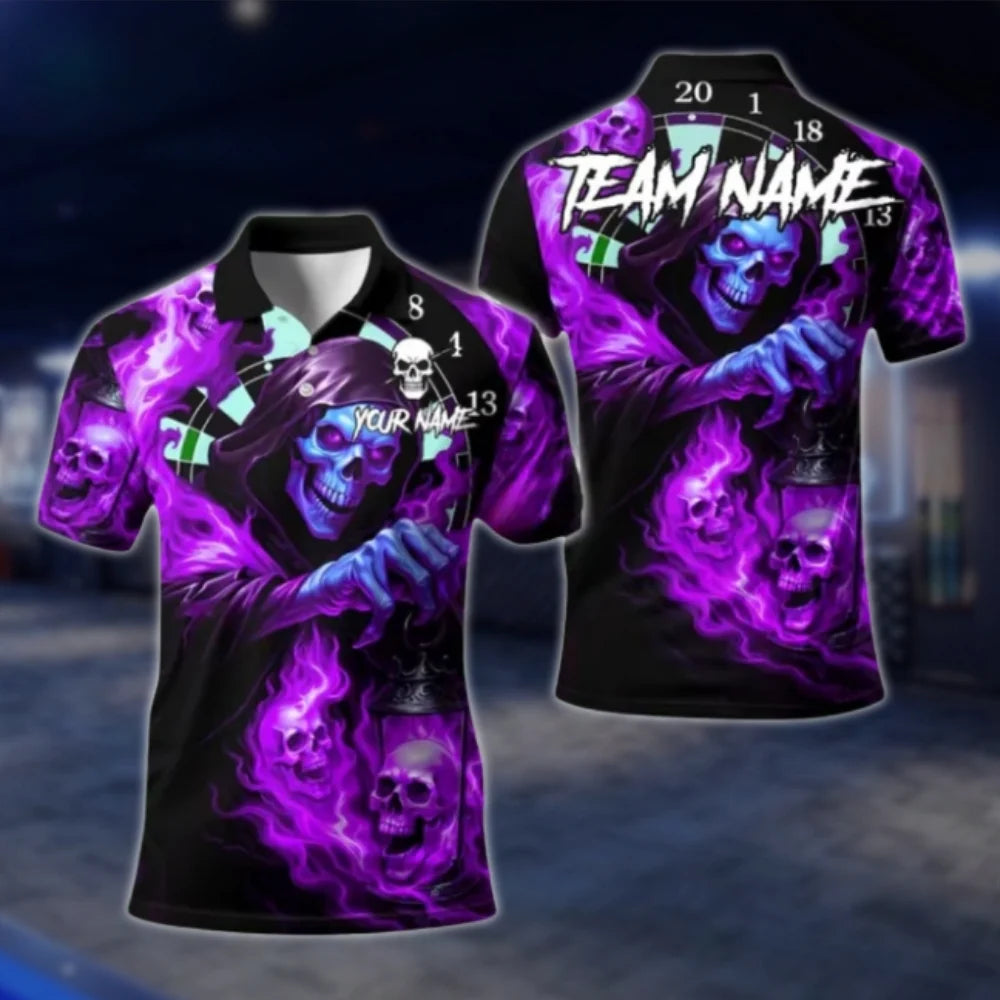 Custom Skull Green Flame Dart Polo Shirt Men, Custom Skull Dart Shirt For Team DAT0346