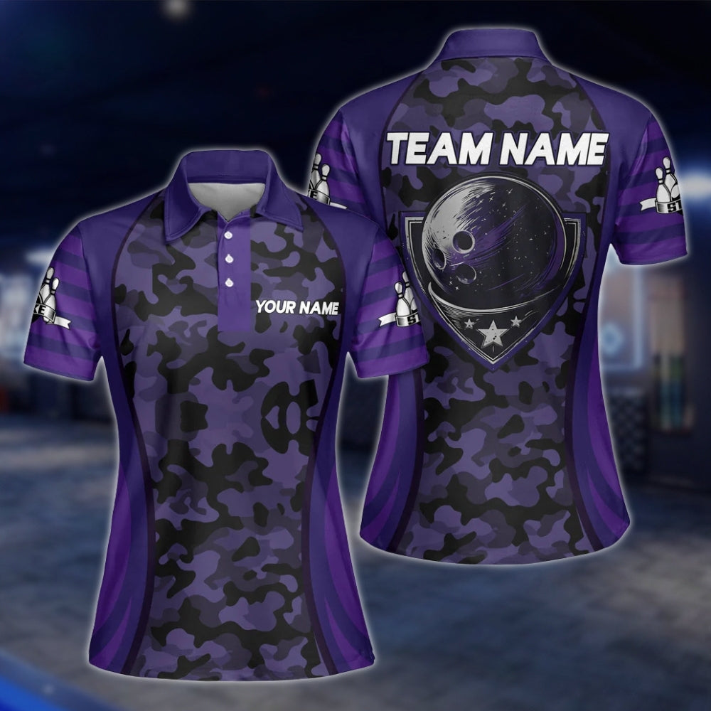 Women's Custom Green Camo Bowling Polo Shirts, Custom Camouflage Bowling Team Shirts For Ladies BZ0193 BOW0218
