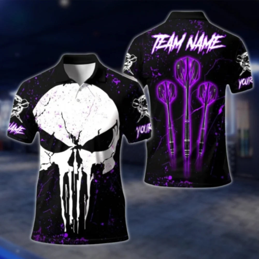 Custom Skull Blue Black Dart Polo Shirt For Men, Custom Skeleton Dart Team Shirts DAT0347