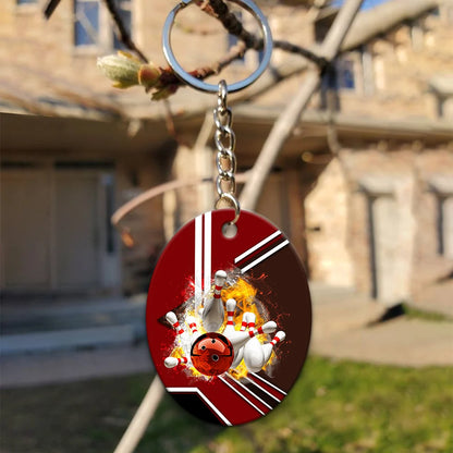 Red Bowling Ball On Fire Crashing Pins Keychain ORN0187