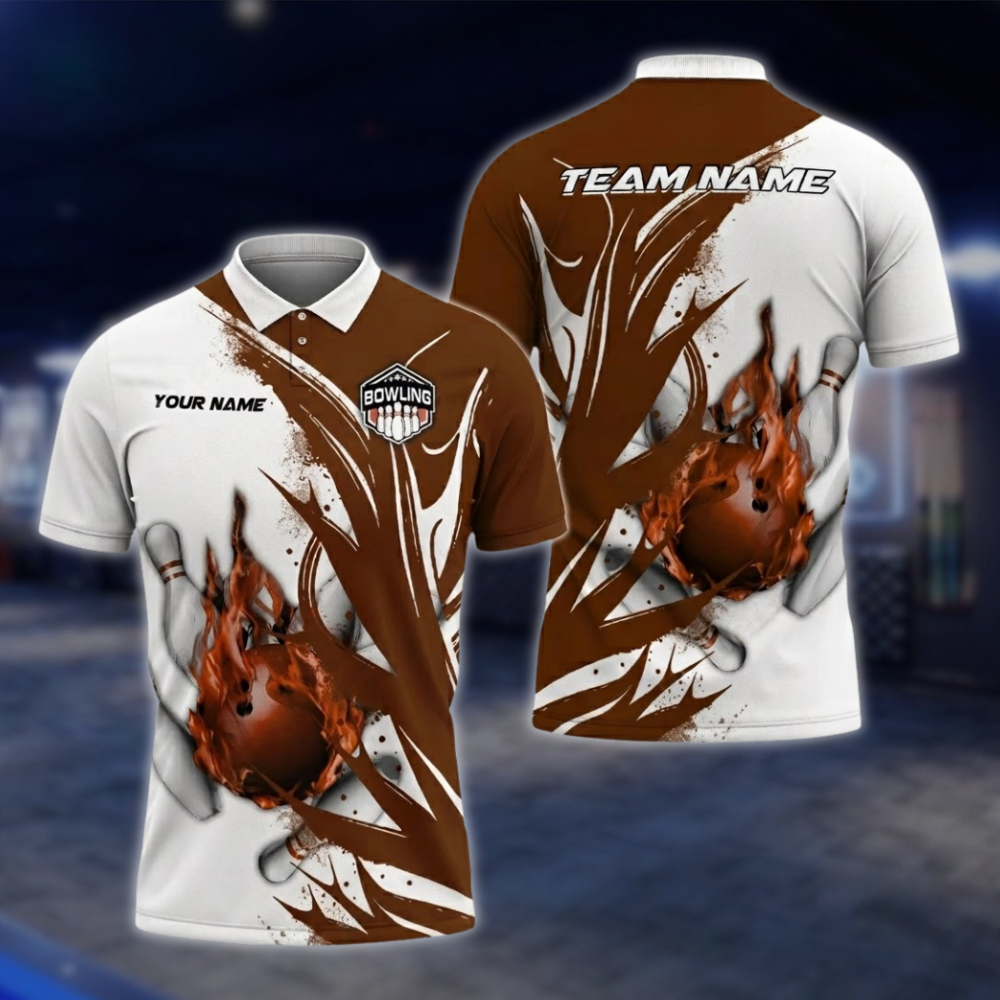 Personalized Red And White Flame Bowling Polo Shirt For Men, Custom Team Flame Bowling Shirts BZ0760 BOW0159