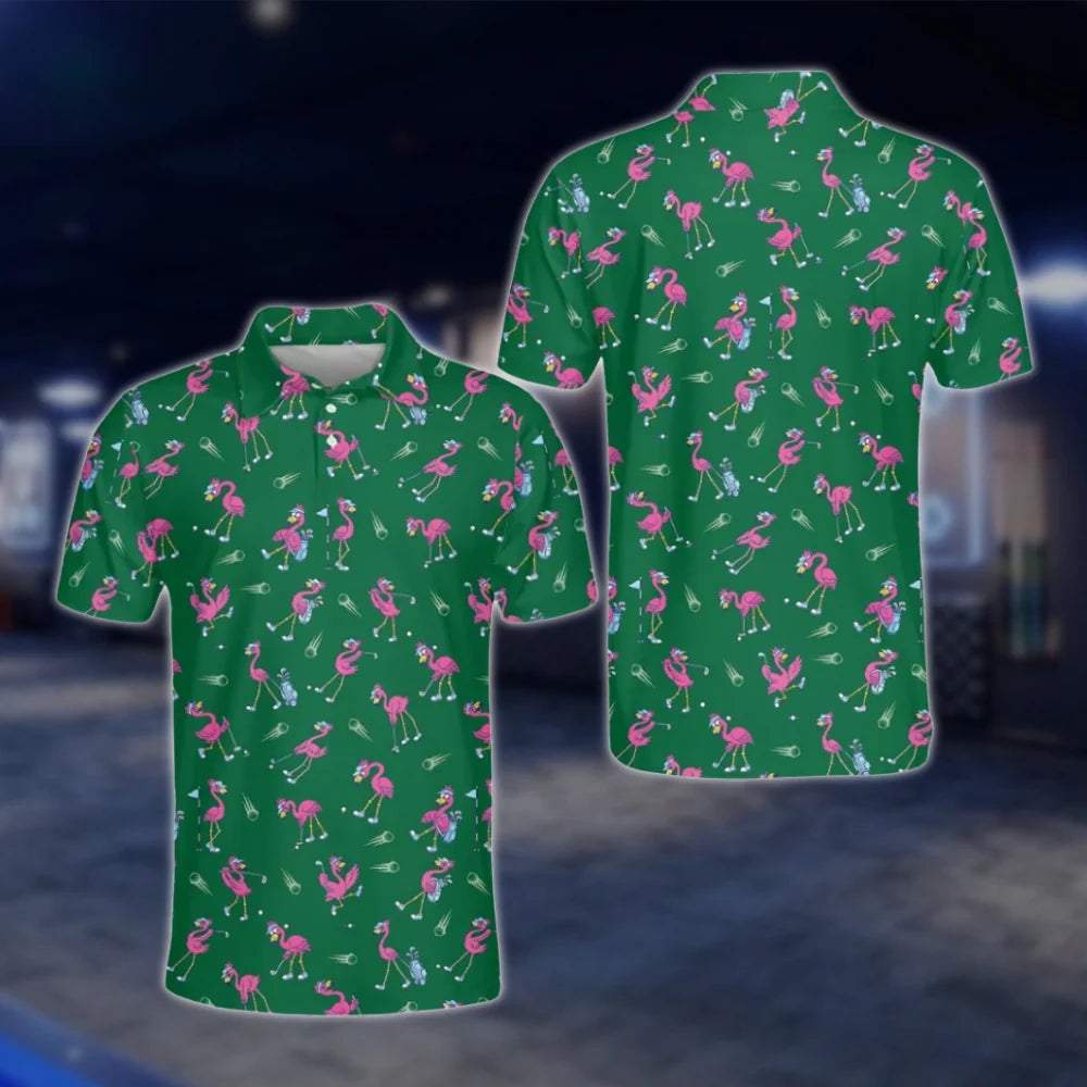 Flamingo Funny Golf Polo Shirt For Mens, Flamingo Lover Golf Shirts GOF0068