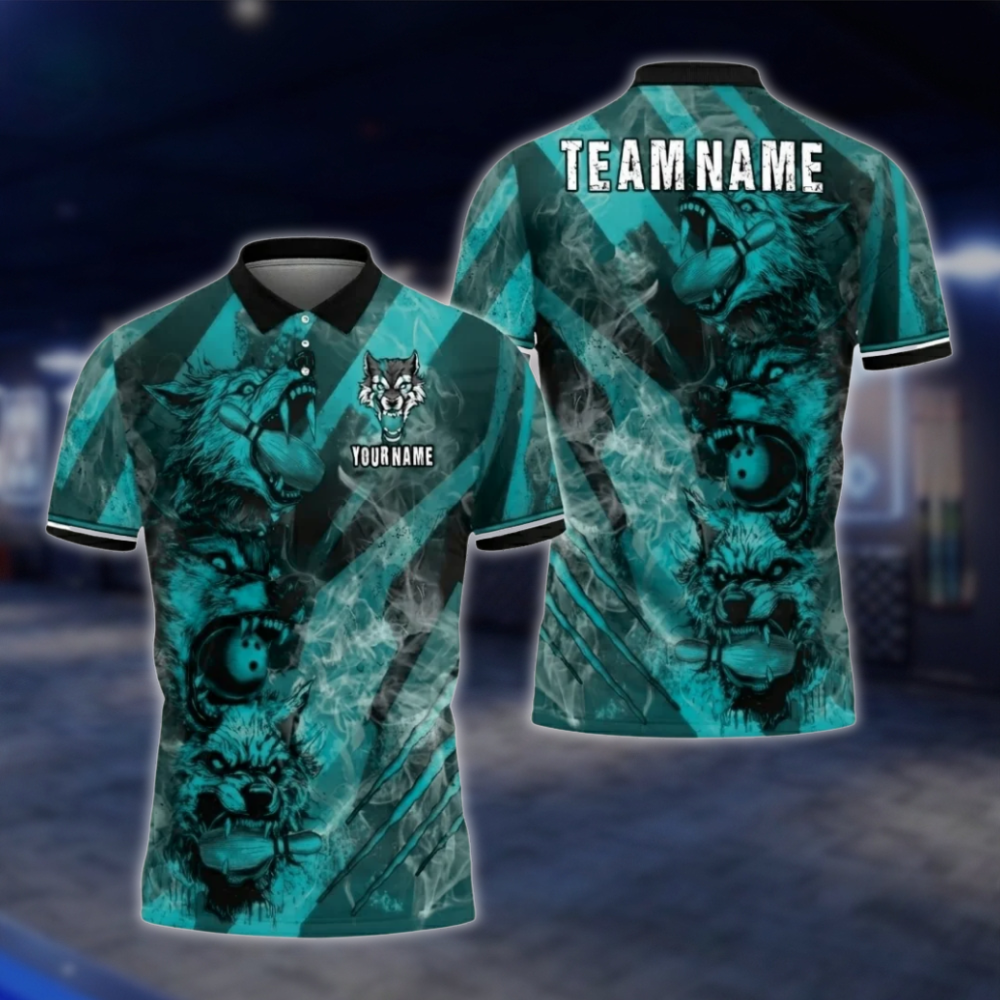 Personalized Wolf Mens Bowling Polo Shirt Blue Smoke, Custom Wolf Bowling Shirts For Team BZ0753 BOW0166