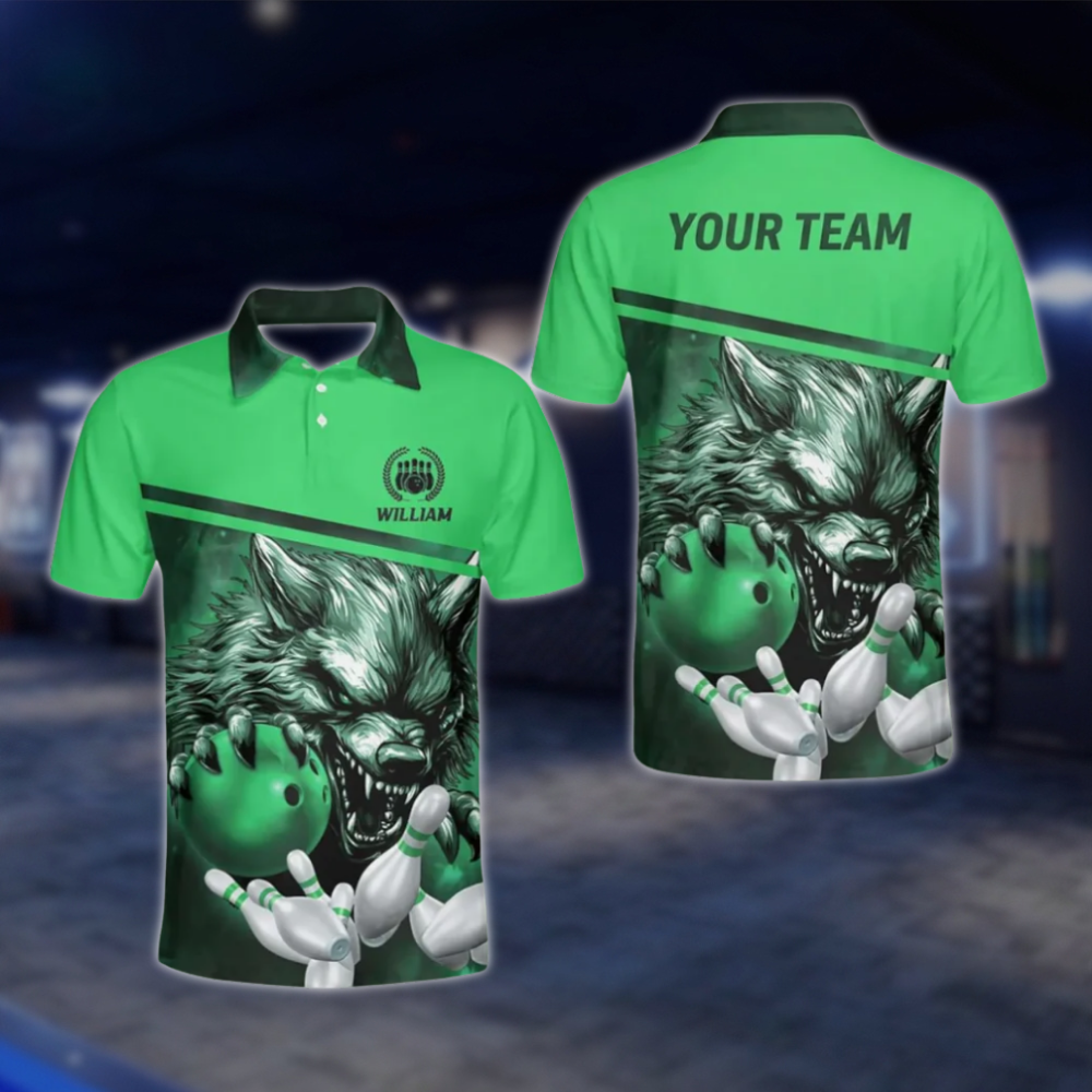 Wolf Custom Mens Blue Bowling Polo Shirt, Custom Wolf Bowling Team Shirts BZ0138 BOW0289