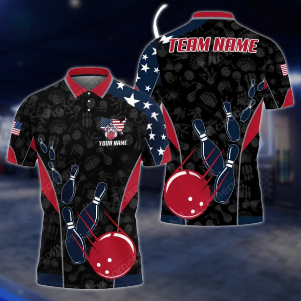 Custom USA Flag Blue Red Black Bowling Polo Shirt For Mens, Custom Team Patriot Bowling Shirts BO0332 BOW0258