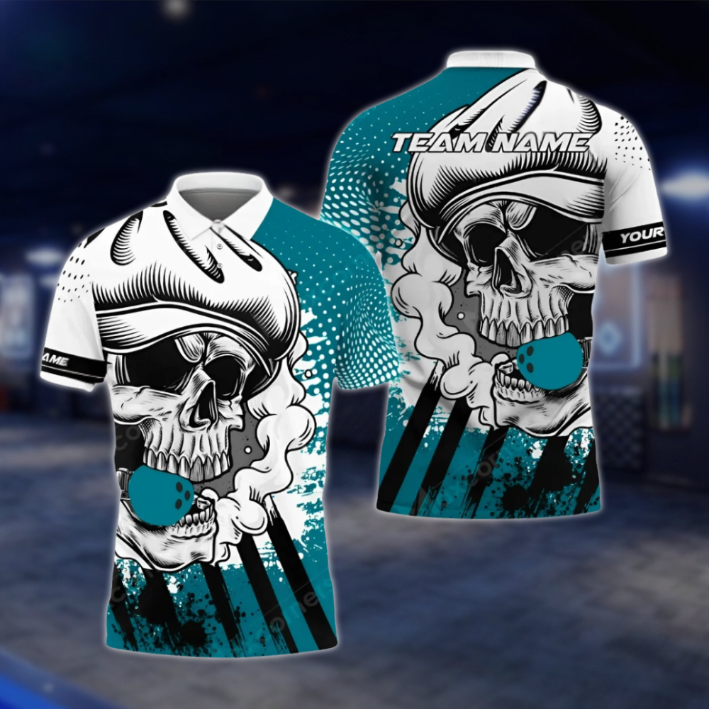 Personalized Skull White Red Bowling Polo Shirt For Men, Custom Skull Bowling Shirt For Team BZ0768 BOW0140