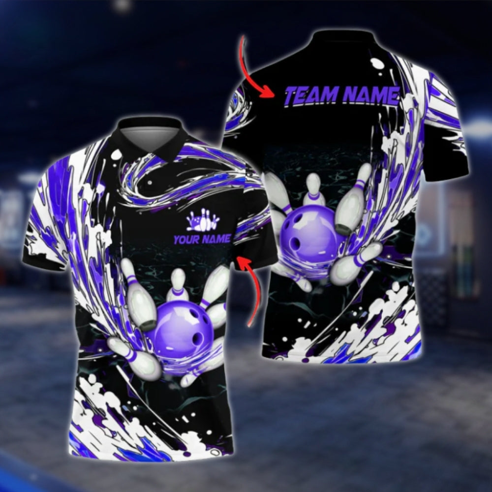 Custom Flame Blue White Black Bowling Mens Polo Shirt, Custom Flame Bowling Team Shirts BO0206 BOW0402
