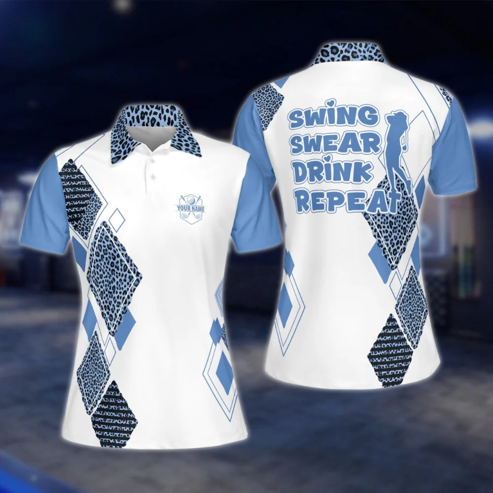 Personalized Swing Swear Drink Repeat Women's Pink Leopard Golf Polo Shirt, Custom Funny Golf Shirt For Ladies GOF0017