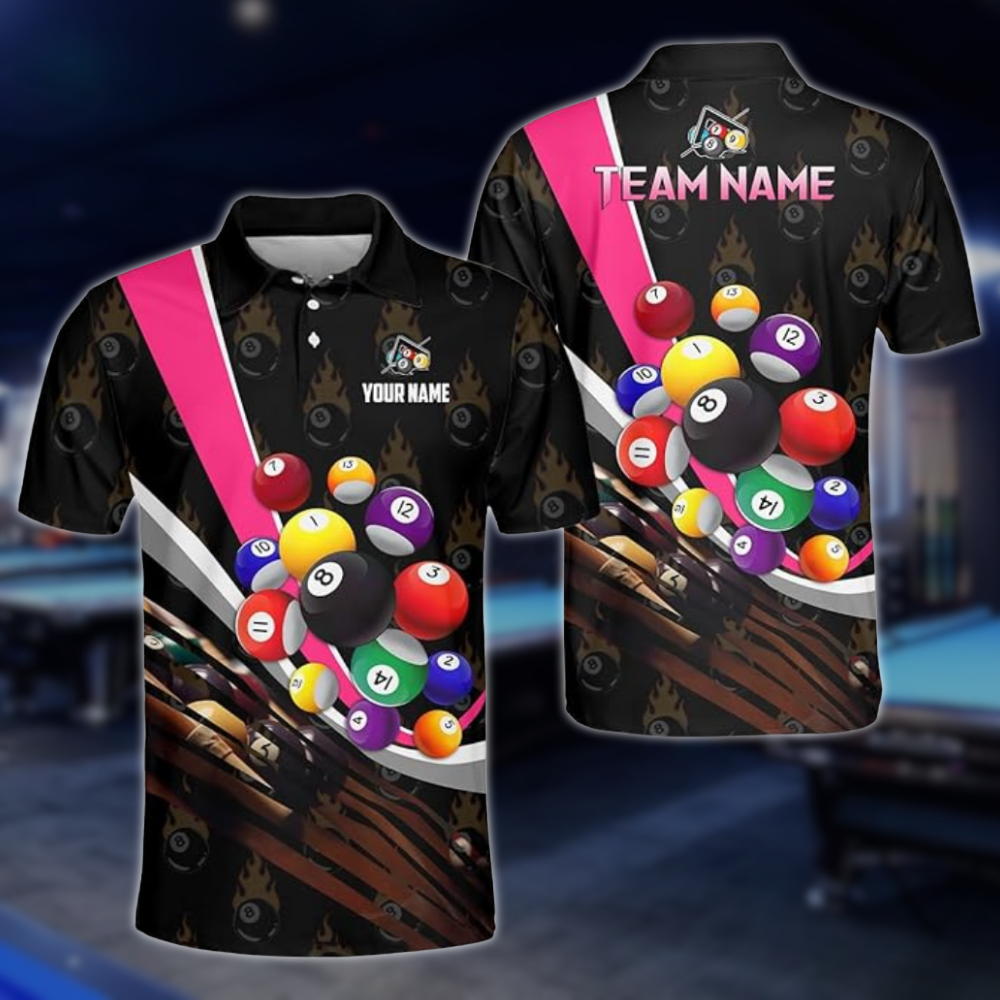 Flaming 8 Ball Custom Billiard Team Polo Shirts For Mens, Custom Pool Billiard Shirts BLD0222