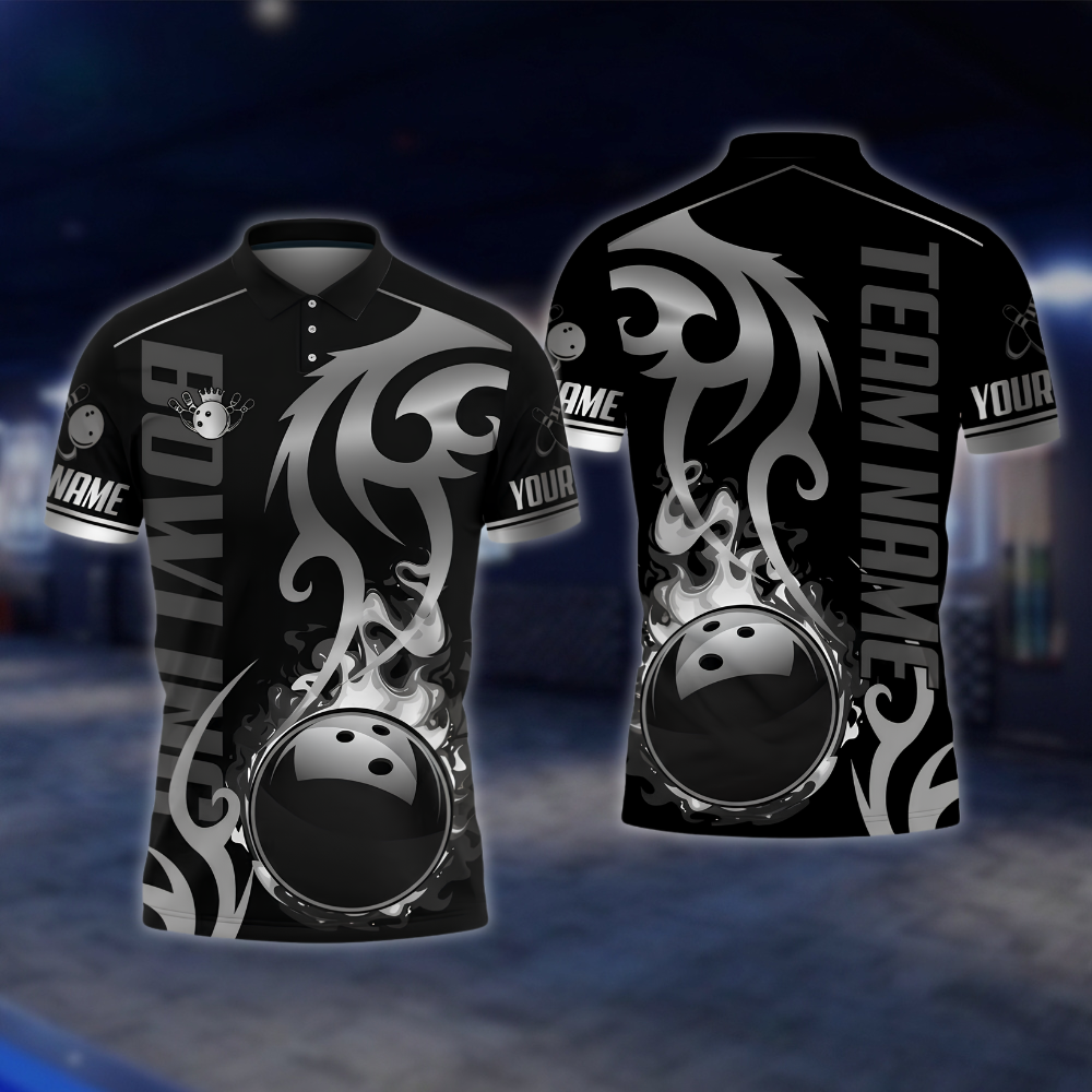 Personalized Flame Black Gold Bowling Polo Shirt, Custom Flame Bowling Shirt For Team BZ0905 BOW0038
