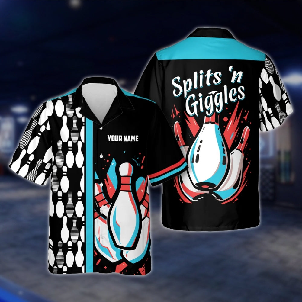 Splits'n Giggles Custom Name Black Purple Bowling Hawaiian Shirt, Custom Funny Bowling Shirts BE0030 BOW0357