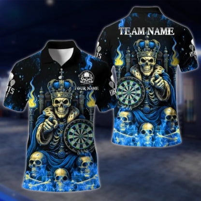 King Skull Custom Mens Purple Flame Dart Polo Shirt, Custom Skull Dart Team Shirts DAT0429