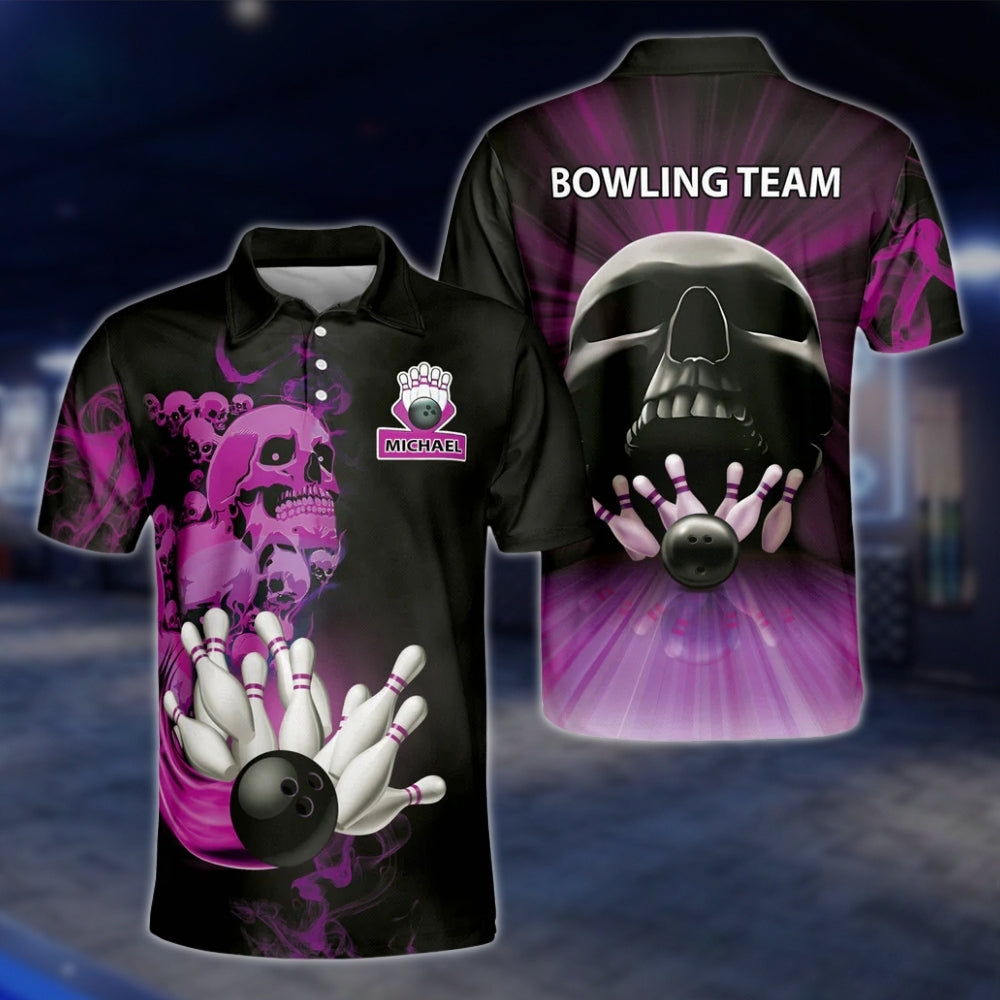 Custom Skeleton Fire Mens Bowling Polo Shirt, Custom Skull Bowling Team Shirts BZ0189 BOW0488