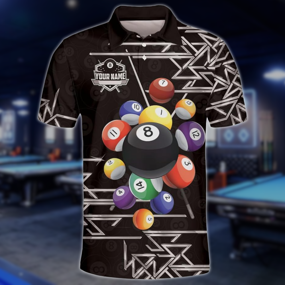 Custom Black And Gold 8 Ball Billiard Team Polo Shirts For Mens, Custom Billiard Team Shirts BLD0258