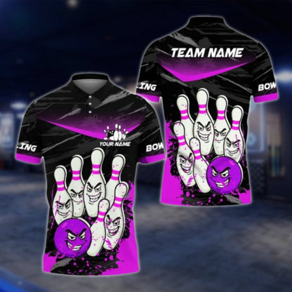 Custom Funny Pins And Ball Bowling Mens Polo Shirt, Back Blue Custom Funny Bowling Team Shirts BE0114 BOW0387