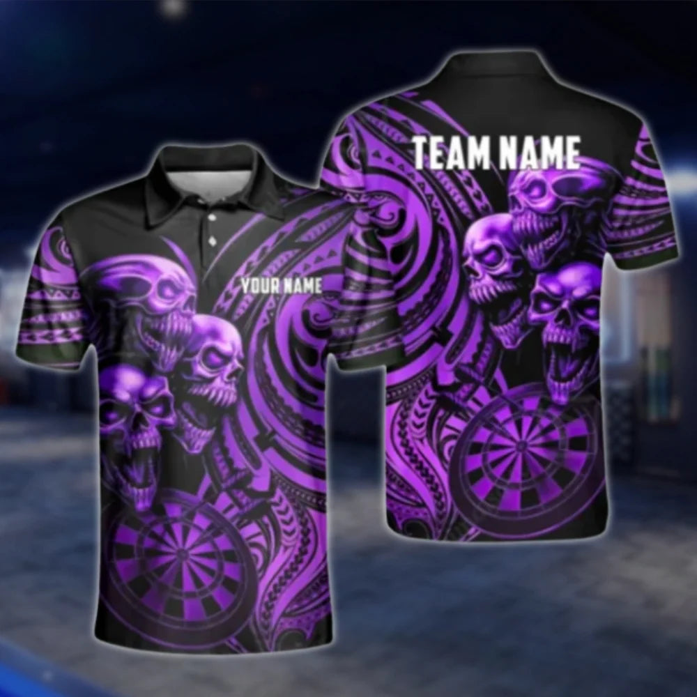 Custom Skull Tribal Cyan Dart Polo Shirt Mens, Custom Skull Dart Team Shirts DAT0238