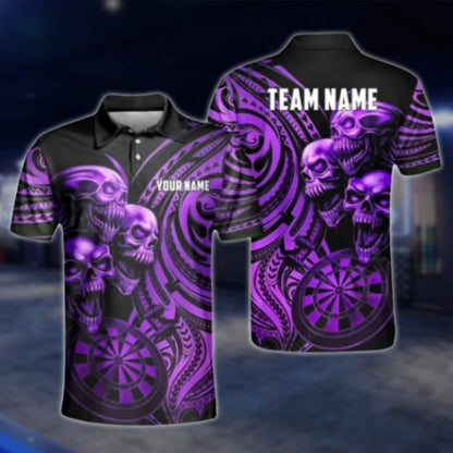 Custom Skull Tribal Cyan Dart Polo Shirt Mens, Custom Skull Dart Team Shirts DAT0238