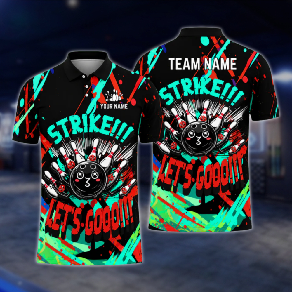 Strike Let's Go Custom Graffiti Red Yellow Bowling Polo Shirt Mens, Custom Funny Bowling Team Shirts BZ0477 BOW0411