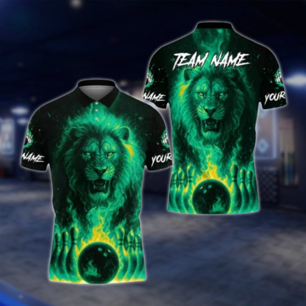 Lion Flame Custom Bowling Polo Shirt Mens, Custom Lion Bowling Shirts BE0167 BOW0381