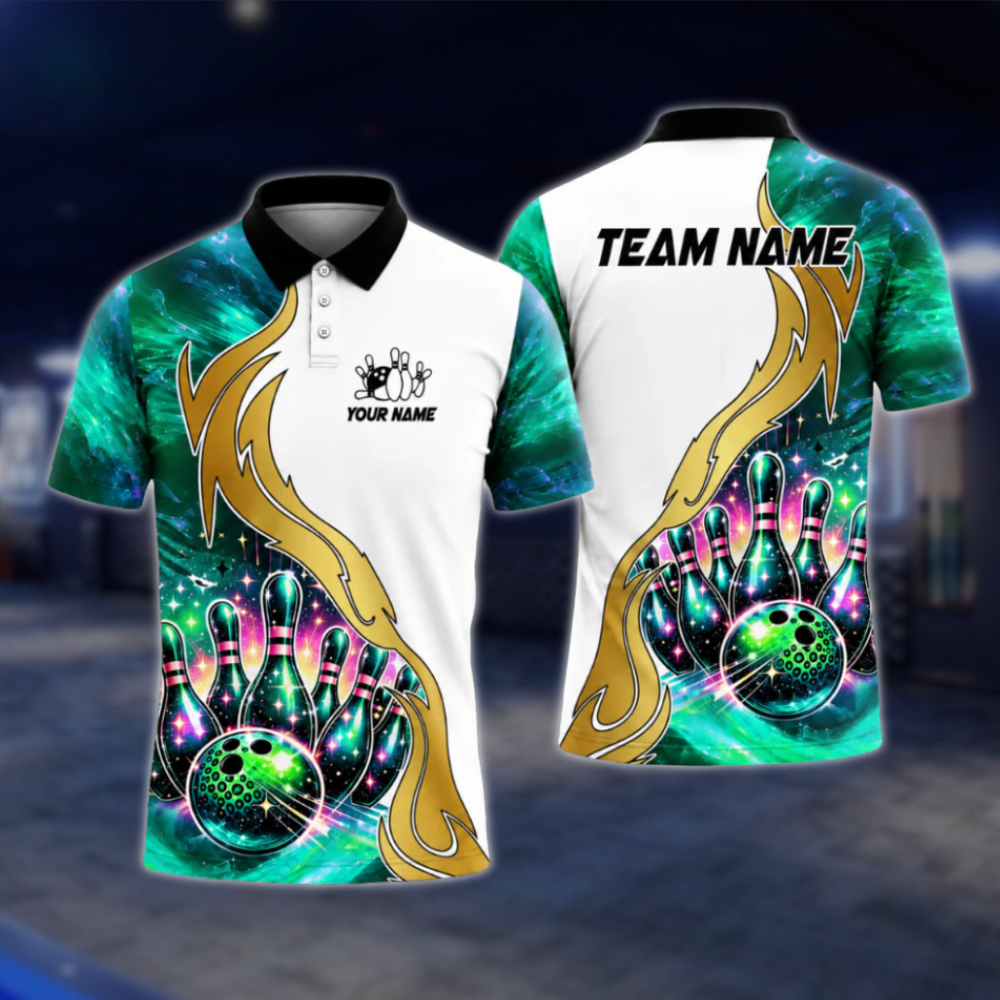 Custom Team Galaxy Pins And Ball Bowling Polo Shirt For Mens, Blue White Custom Bowling Team Shirts BZ0483 BOW0406