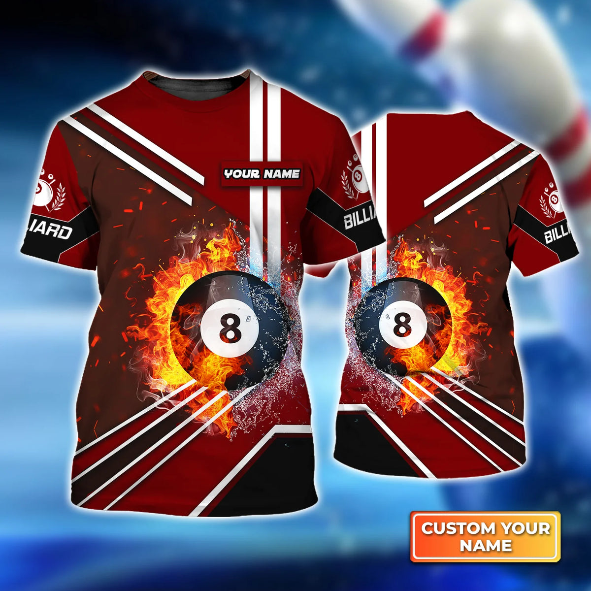 Red Billiard Pool 8 Ball On Fire Custom Name 3D Short Sleeve T-Shirt Men's Board Shorts ORN0283