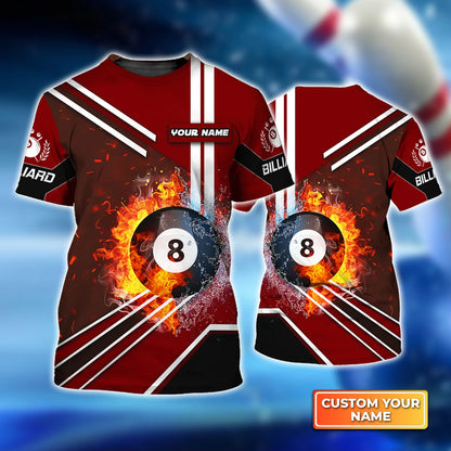 Red Billiard Pool 8 Ball On Fire Custom Name 3D Short Sleeve T-Shirt Men's Board Shorts ORN0283