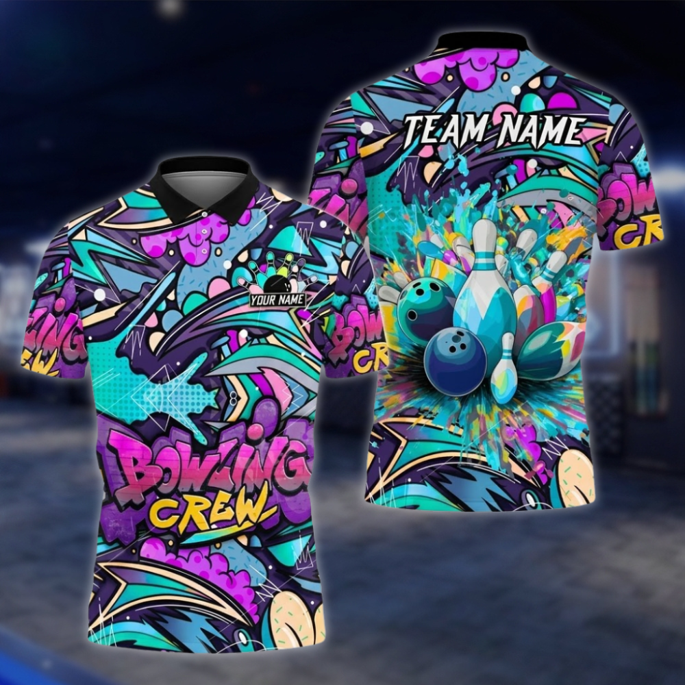 Personalized Graffiti Bowling Mens Polo Shirt, Custom Team Bowling Shirts BZ0857 BOW0091