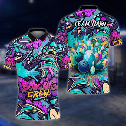 Personalized Graffiti Bowling Mens Polo Shirt, Custom Team Bowling Shirts BZ0857 BOW0091